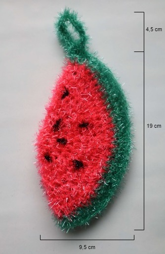 Dimensions de l'éponge exfoliante au crochet du fil bubble en forme de pastèque